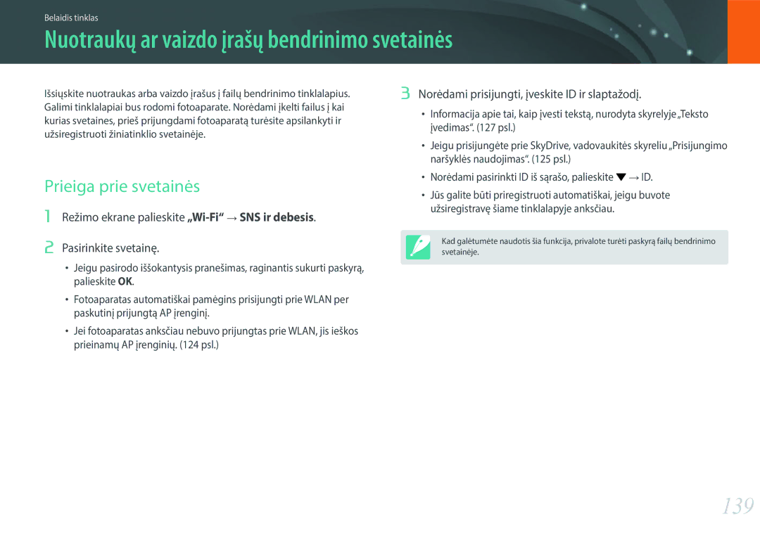 Samsung EV-NX2000BFWLV, EV-NX2000BABLV manual Nuotraukų ar vaizdo įrašų bendrinimo svetainės, 139, Prieiga prie svetainės 