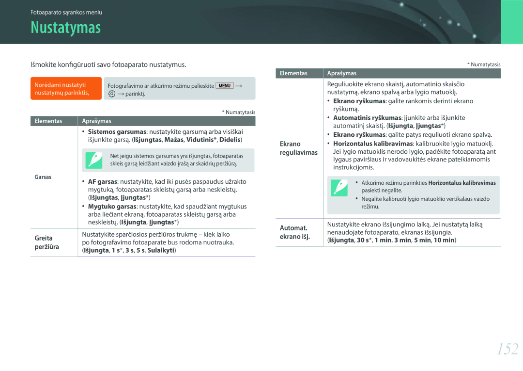 Samsung EV-NX2000BABLV, EV-NX2000BFWLV manual Nustatymas, 152, Išmokite konfigūruoti savo fotoaparato nustatymus 