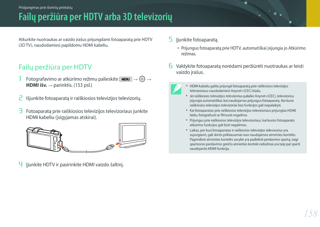 Samsung EV-NX2000BABLV, EV-NX2000BFWLV manual Failų peržiūra per Hdtv arba 3D televizorių, 158, Įjunkite fotoaparatą 