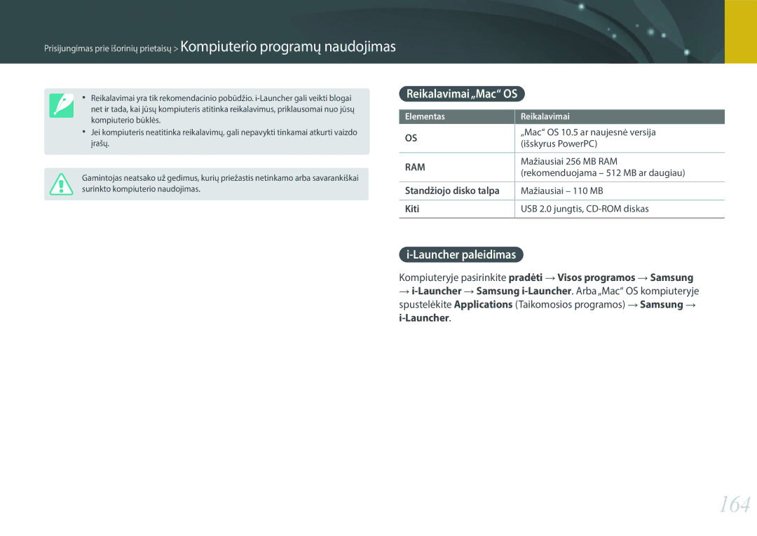 Samsung EV-NX2000BABLV, EV-NX2000BFWLV manual 164, Reikalavimai„Mac OS, Launcher paleidimas, Standžiojo disko talpa 