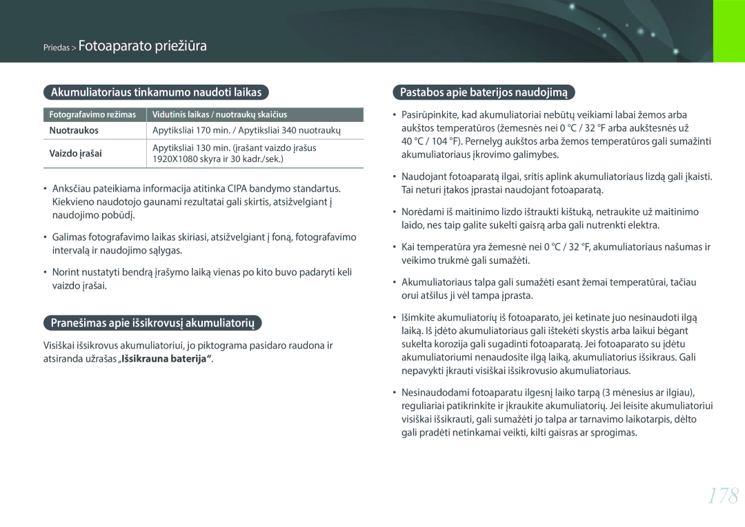 Samsung EV-NX2000BABLV manual 178, Akumuliatoriaus tinkamumo naudoti laikas, Pranešimas apie išsikrovusį akumuliatorių 