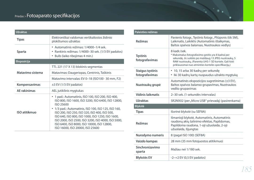 Samsung EV-NX2000BFWLV, EV-NX2000BABLV manual 185, Priedas Fotoaparato specifikacijos 