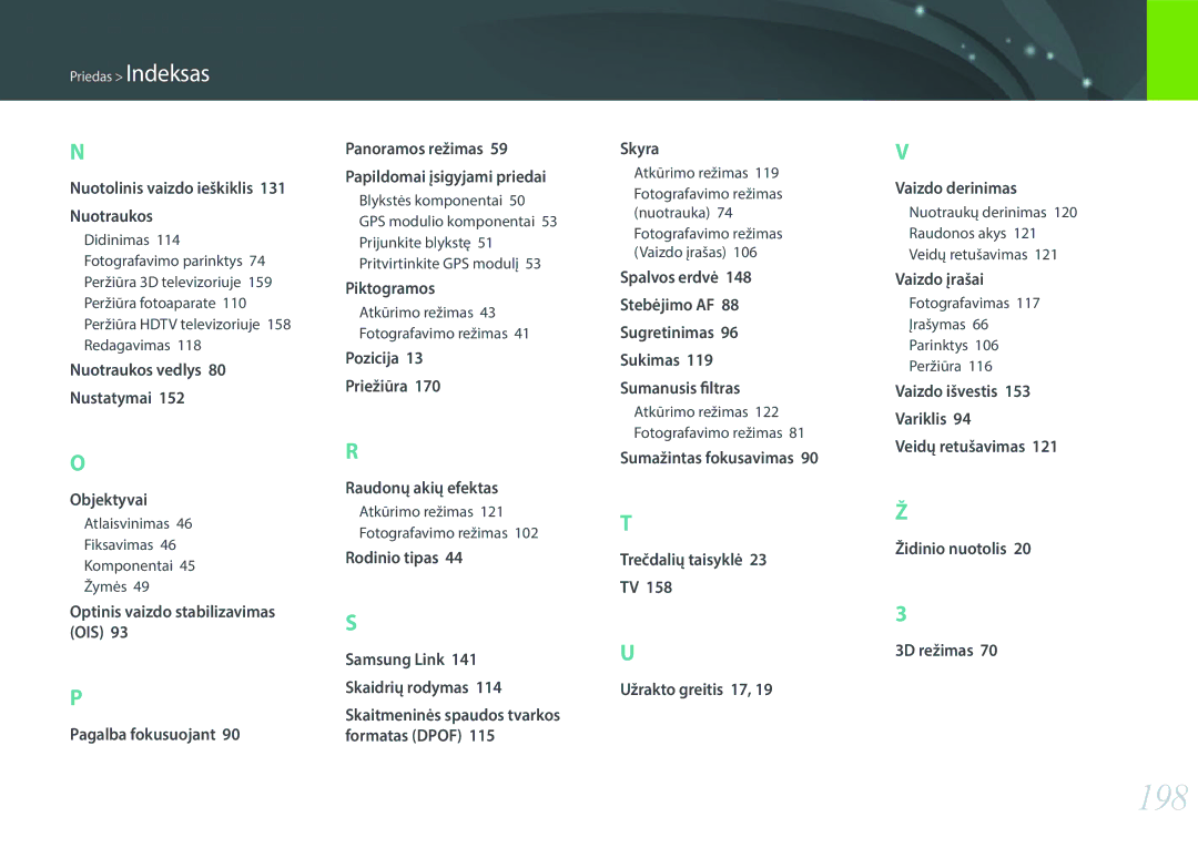 Samsung EV-NX2000BABLV, EV-NX2000BFWLV manual 198, Atlaisvinimas 46 Fiksavimas 46 Komponentai 45 Žymės 