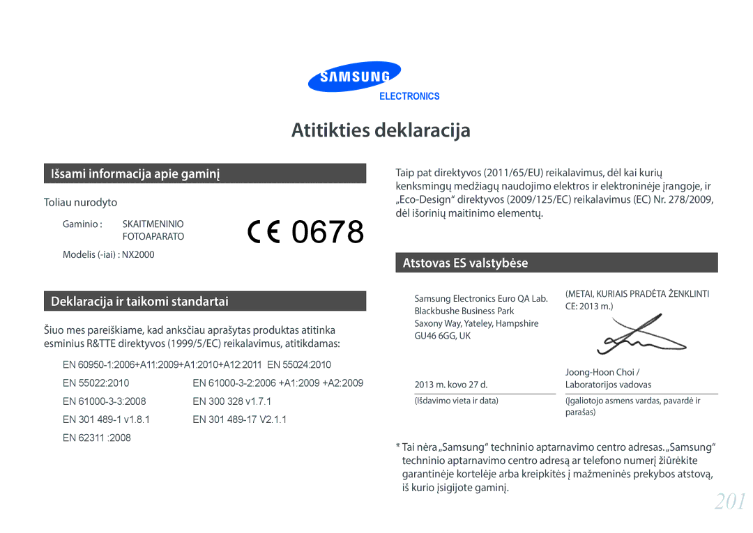 Samsung EV-NX2000BFWLV manual 201, Gaminio Skaitmeninio, Modelis -iai NX2000, Blackbushe Business Park, EN 300 328 