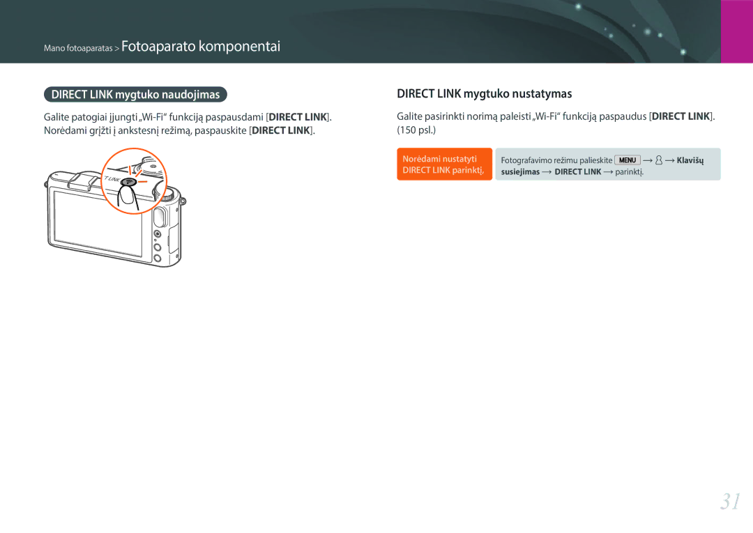 Samsung EV-NX2000BFWLV, EV-NX2000BABLV manual Direct Link mygtuko nustatymas, Direct Link mygtuko naudojimas 