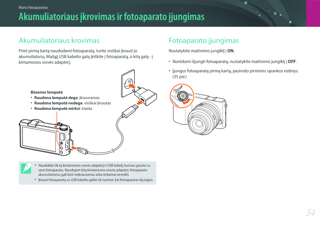 Samsung EV-NX2000BABLV Akumuliatoriaus įkrovimas ir fotoaparato įjungimas, Akumuliatoriaus krovimas, Fotoaparato įjungimas 