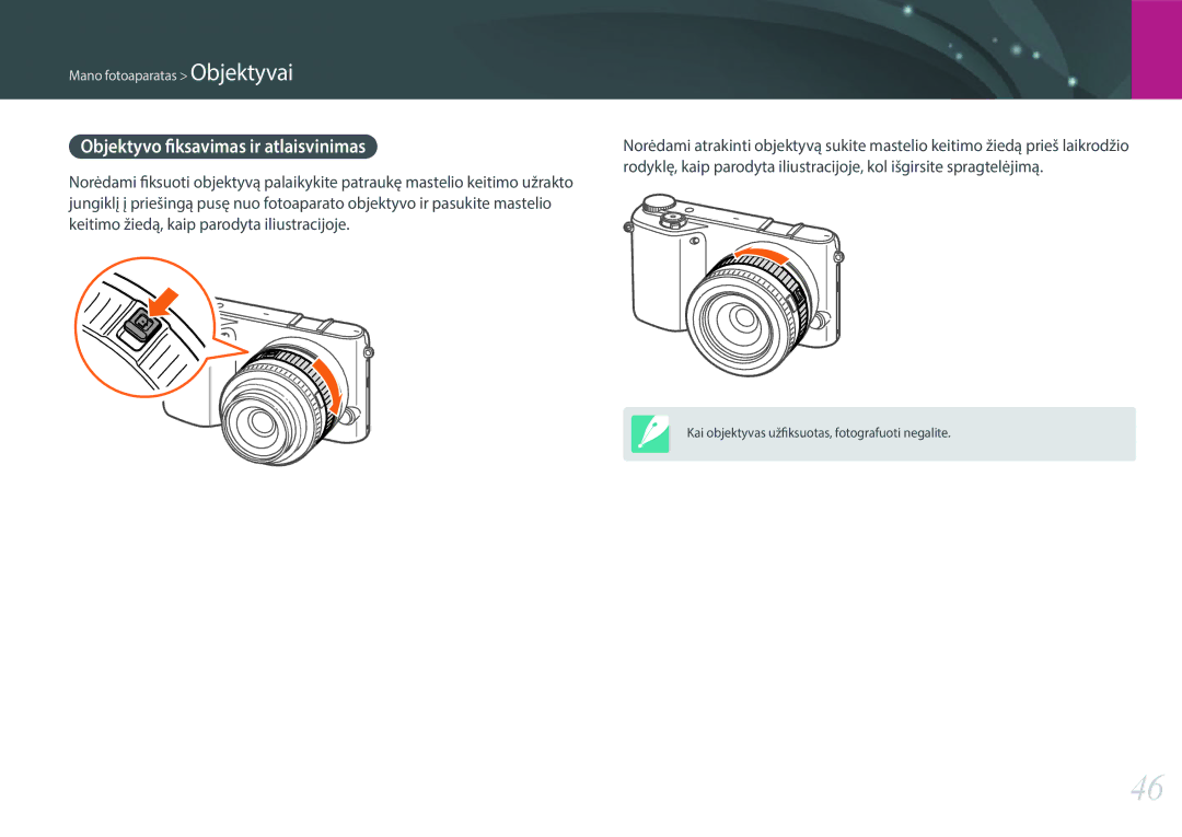 Samsung EV-NX2000BABLV, EV-NX2000BFWLV manual Objektyvo fiksavimas ir atlaisvinimas 