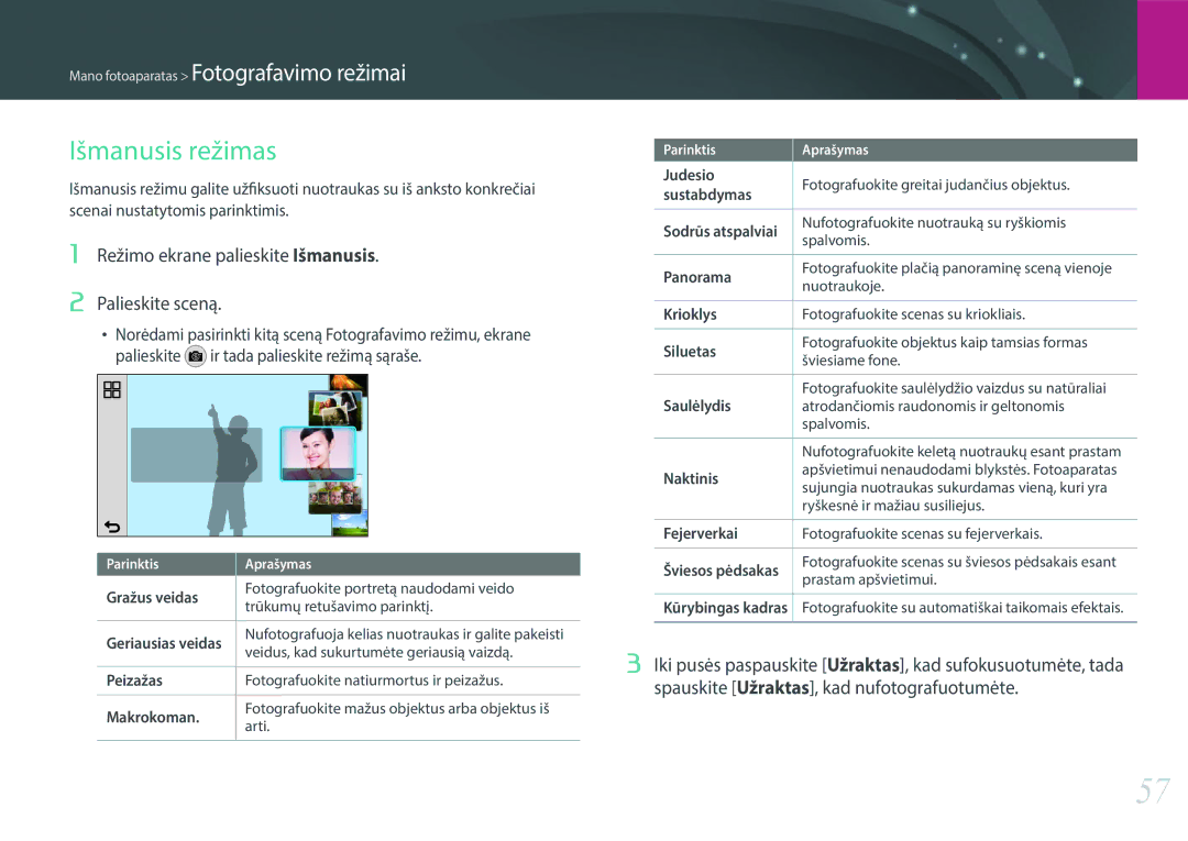 Samsung EV-NX2000BFWLV, EV-NX2000BABLV manual Išmanusis režimas, Režimo ekrane palieskite Išmanusis Palieskite sceną 