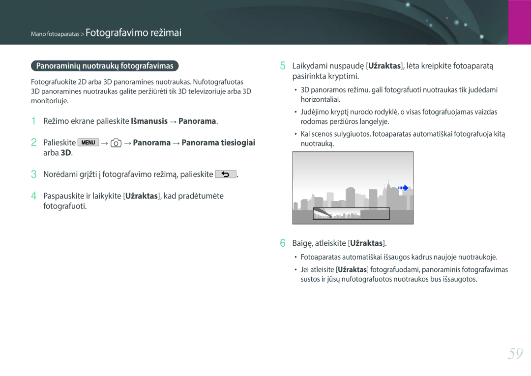 Samsung EV-NX2000BFWLV, EV-NX2000BABLV Panoraminių nuotraukų fotografavimas, Režimo ekrane palieskite Išmanusis → Panorama 