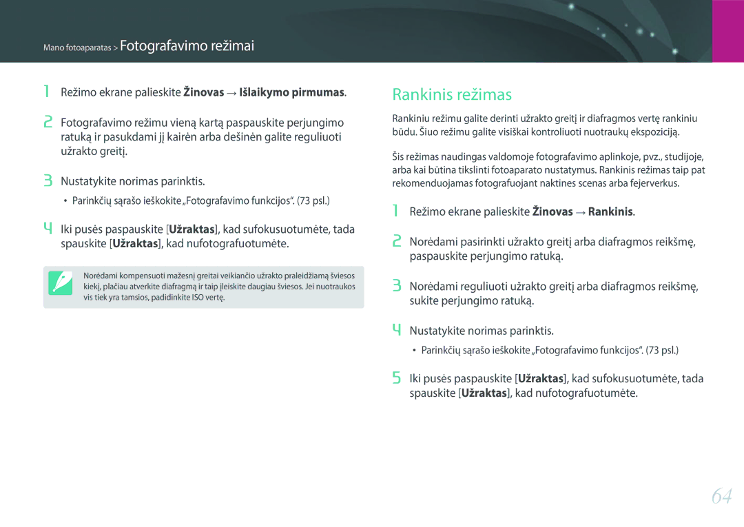 Samsung EV-NX2000BABLV, EV-NX2000BFWLV manual Rankinis režimas 