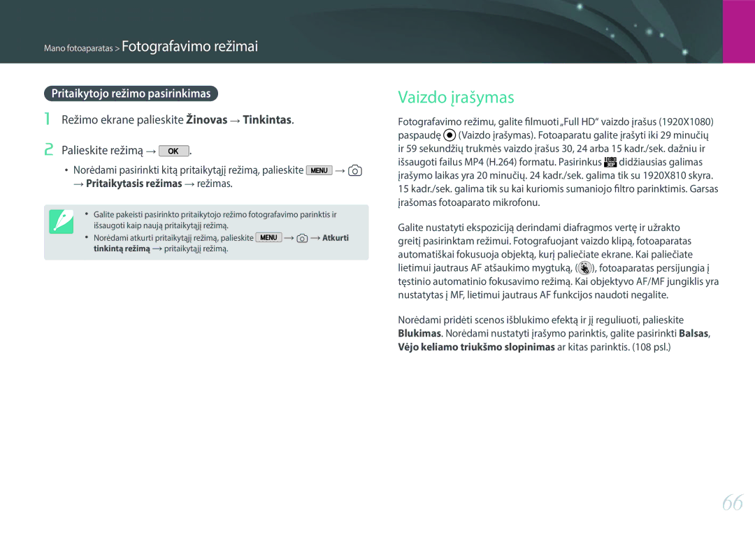 Samsung EV-NX2000BABLV, EV-NX2000BFWLV manual Vaizdo įrašymas, Pritaikytojo režimo pasirinkimas 