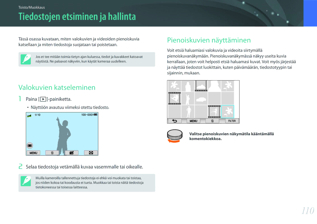 Samsung EV-NX2000BFWDK, EV-NX2000BJPDK manual 110, Valokuvien katseleminen, Pienoiskuvien näyttäminen, Paina z-painiketta 