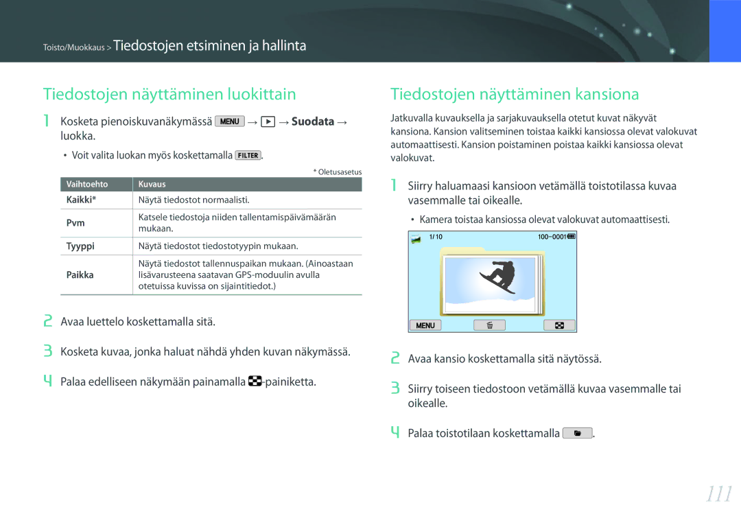 Samsung EV-NX2000BFWSE, EV-NX2000BJPDK manual 111, Tiedostojen näyttäminen luokittain, Tiedostojen näyttäminen kansiona 