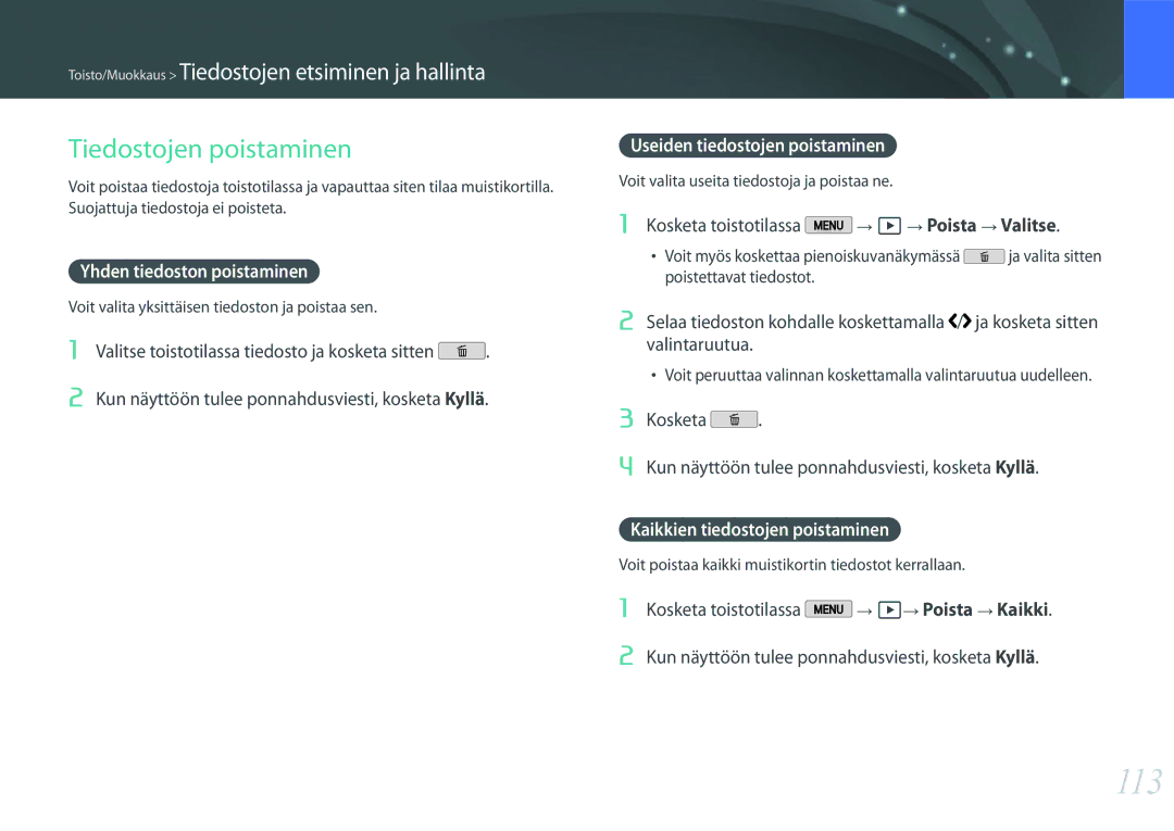 Samsung EV-NX2000BJPDK manual 113, Tiedostojen poistaminen, Yhden tiedoston poistaminen, Useiden tiedostojen poistaminen 