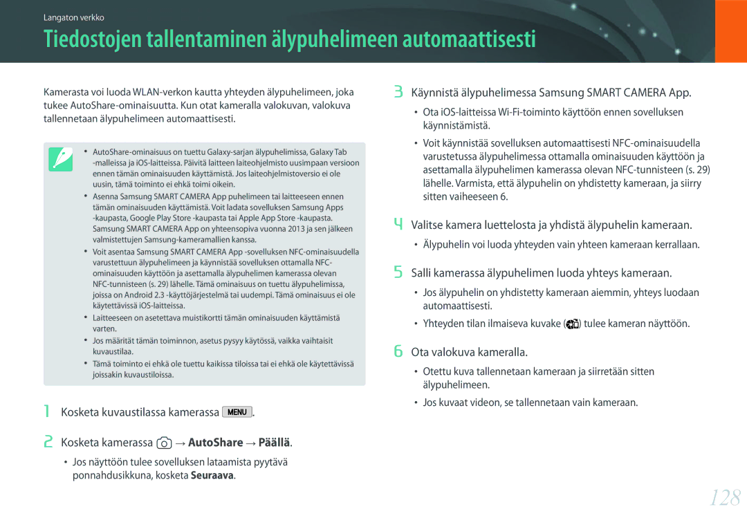 Samsung EV-NX2000BFWDK, EV-NX2000BJPDK, EV-NX2000BABDK manual Tiedostojen tallentaminen älypuhelimeen automaattisesti, 128 