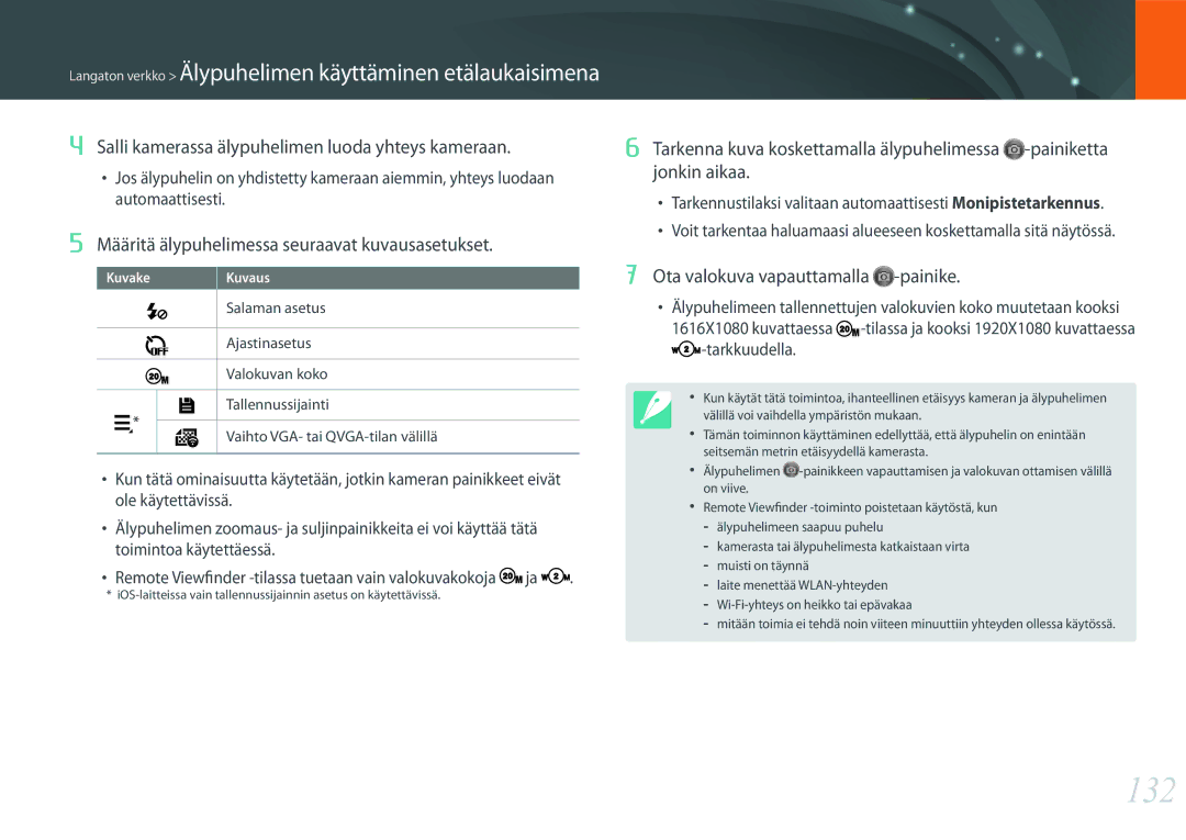 Samsung EV-NX2000BABDK manual 132, Määritä älypuhelimessa seuraavat kuvausasetukset, Ota valokuva vapauttamalla -painike 