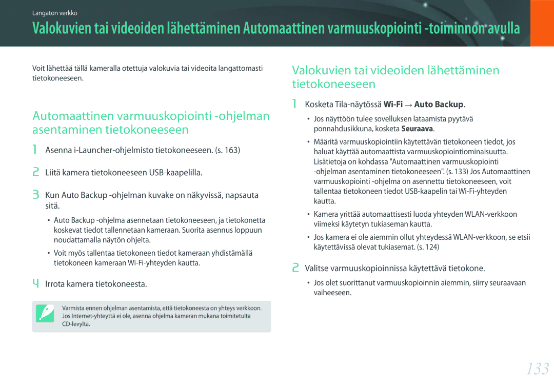 Samsung EV-NX2000BABSE manual 133, Valokuvien tai videoiden lähettäminen tietokoneeseen, Irrota kamera tietokoneesta 