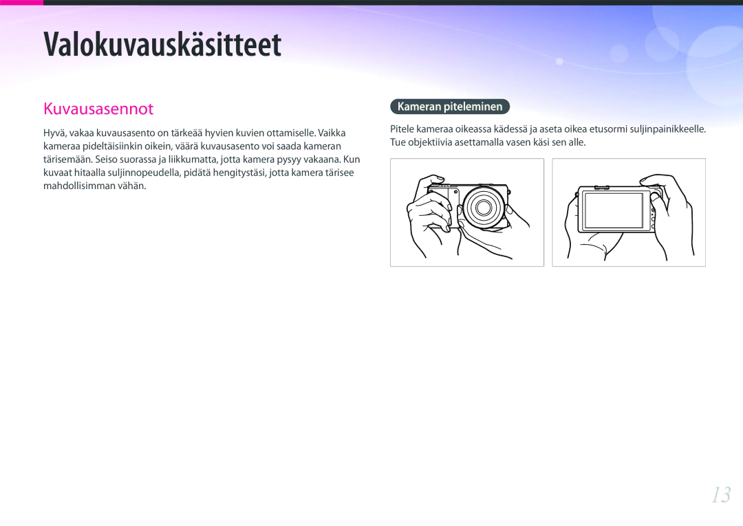 Samsung EV-NX2000BABSE, EV-NX2000BJPDK, EV-NX2000BABDK, EV-NX2000BFWDK manual Valokuvauskäsitteet, Kameran piteleminen 