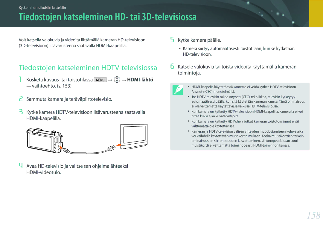 Samsung EV-NX2000BFWDK, EV-NX2000BJPDK manual Tiedostojen katseleminen HD- tai 3D-televisiossa, 158, Kytke kamera päälle 