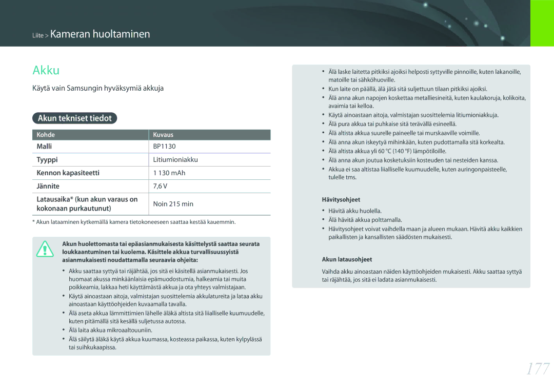 Samsung EV-NX2000BFWSE, EV-NX2000BJPDK manual 177, Akku, Akun tekniset tiedot, Käytä vain Samsungin hyväksymiä akkuja 