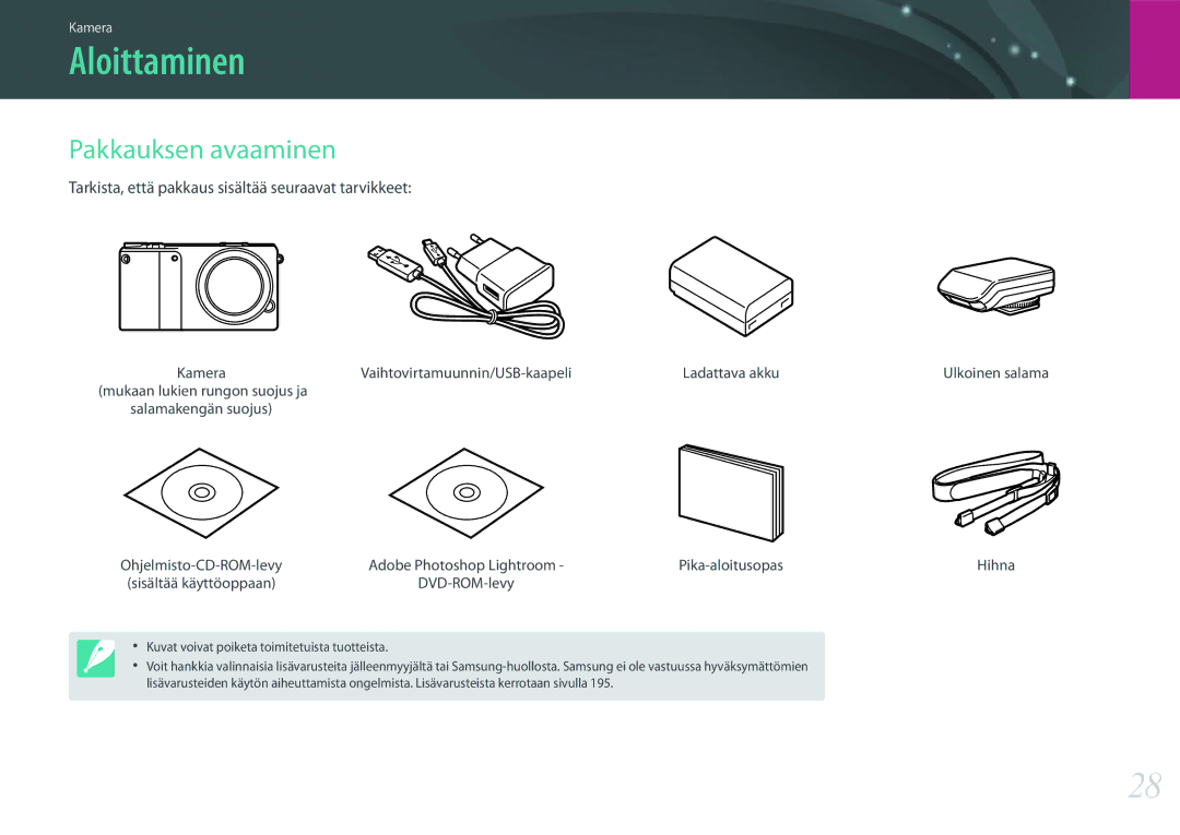 Samsung EV-NX2000BJPSE manual Aloittaminen, Pakkauksen avaaminen, Tarkista, että pakkaus sisältää seuraavat tarvikkeet 