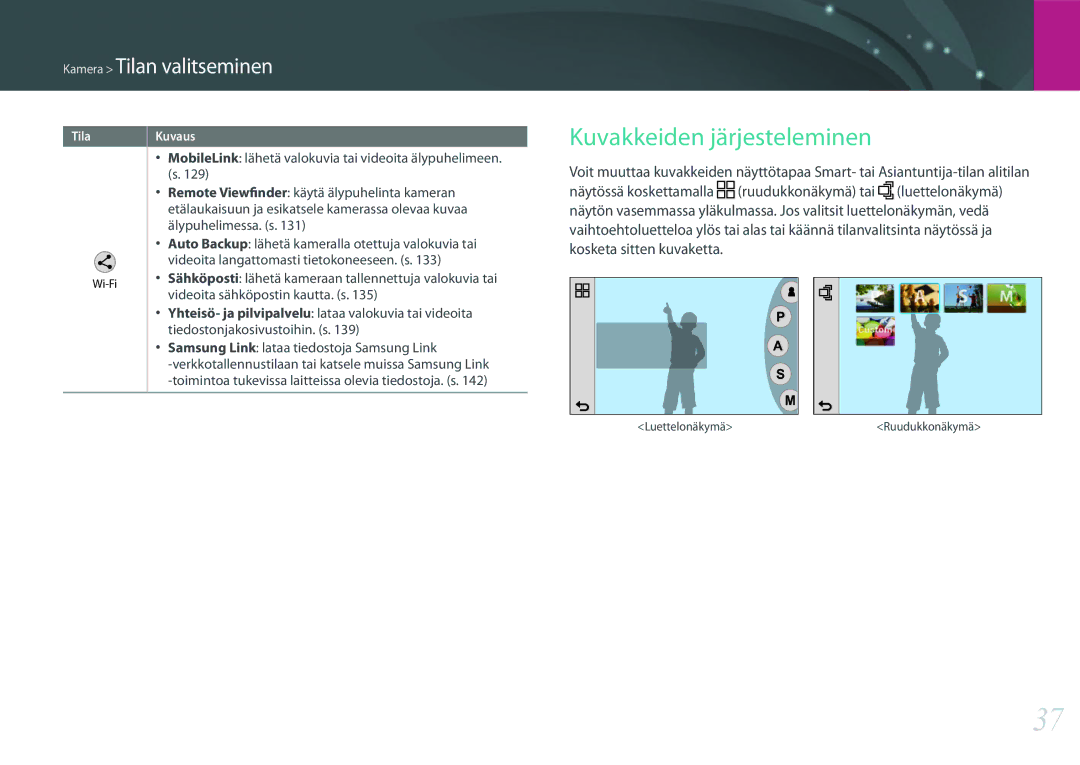 Samsung EV-NX2000BABSE manual Kuvakkeiden järjesteleminen, MobileLink lähetä valokuvia tai videoita älypuhelimeen. s 