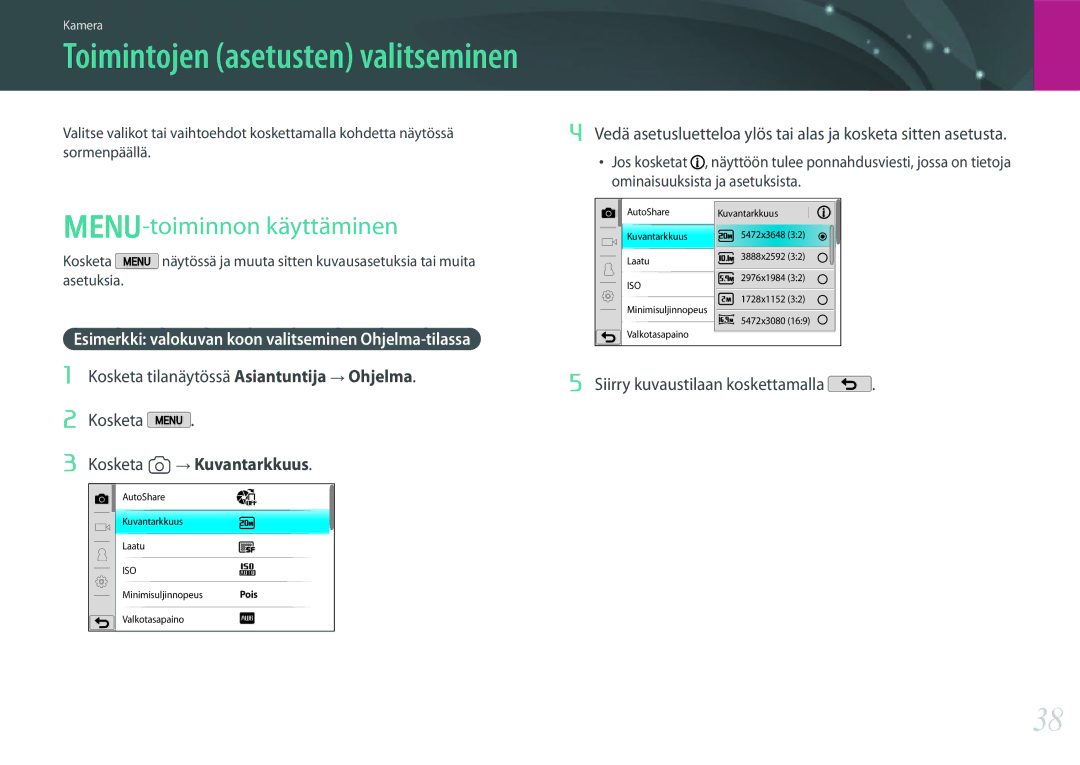 Samsung EV-NX2000BFWDK, EV-NX2000BJPDK manual Toiminnon käyttäminen, Esimerkki valokuvan koon valitseminen Ohjelma-tilassa 