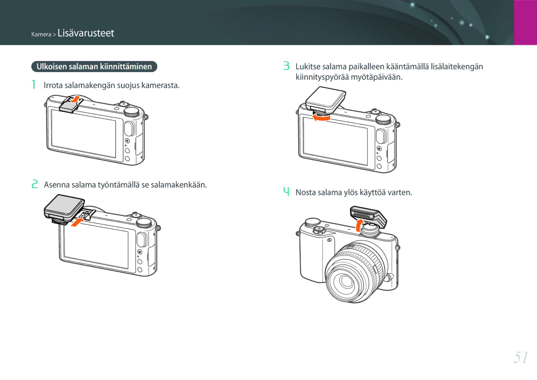 Samsung EV-NX2000BFWSE, EV-NX2000BJPDK, EV-NX2000BABDK manual Kamera Lisävarusteet, Nosta salama ylös käyttöä varten 