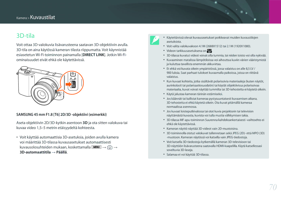 Samsung EV-NX2000BJPSE, EV-NX2000BJPDK, EV-NX2000BABDK manual 3D-tila, Samsung 45 mm F1.8 T6 2D/3D -objektiivi esimerkki 