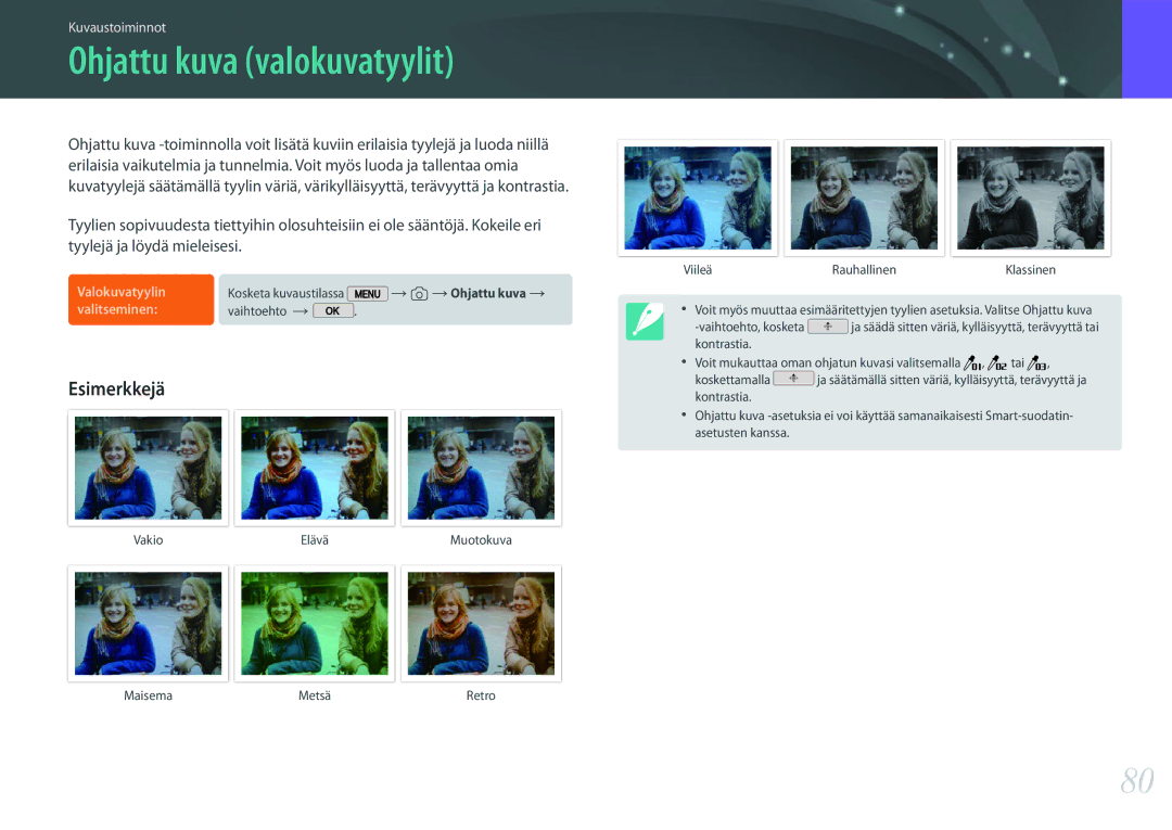 Samsung EV-NX2000BFWDK, EV-NX2000BJPDK, EV-NX2000BABDK, EV-NX2000BABSE, EV-NX2000BFWSE manual Ohjattu kuva valokuvatyylit 