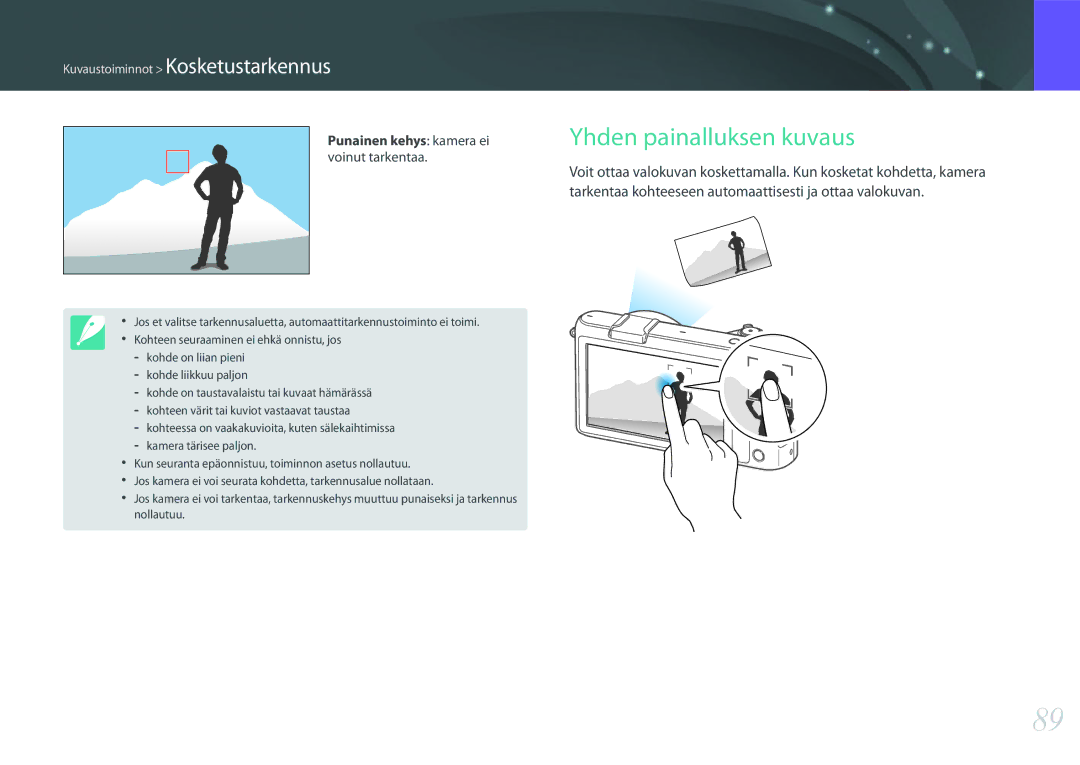 Samsung EV-NX2000BJPDK, EV-NX2000BABDK Yhden painalluksen kuvaus, Tarkentaa kohteeseen automaattisesti ja ottaa valokuvan 