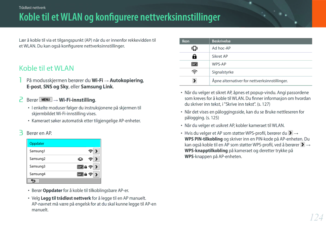 Samsung EV-NX2000BJPSE, EV-NX2000BJPDK manual Koble til et Wlan og konfigurere nettverksinnstillinger, 124, Berør en AP 