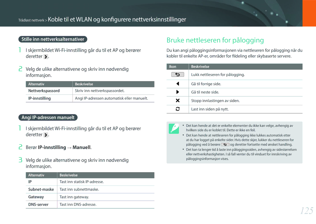 Samsung EV-NX2000BJPDK 125, Bruke nettleseren for pålogging, Stille inn nettverksalternativer, Angi IP-adressen manuelt 