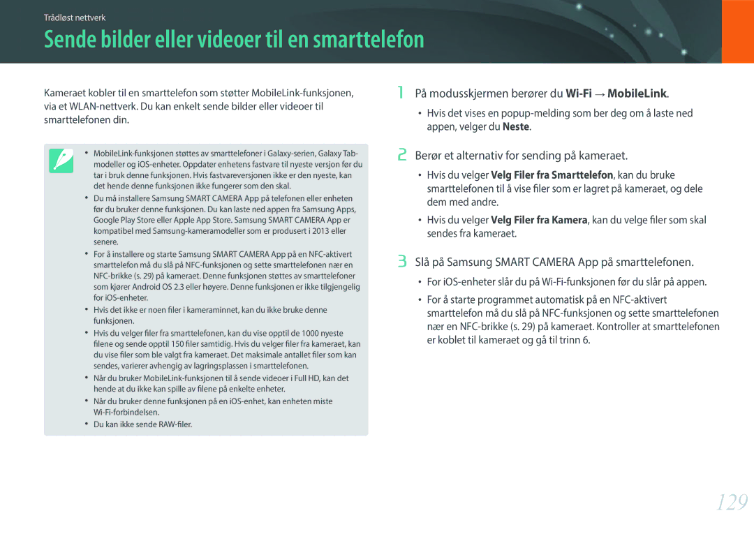 Samsung EV-NX2000BFWSE Sende bilder eller videoer til en smarttelefon, 129, På modusskjermen berører du Wi-Fi→ MobileLink 