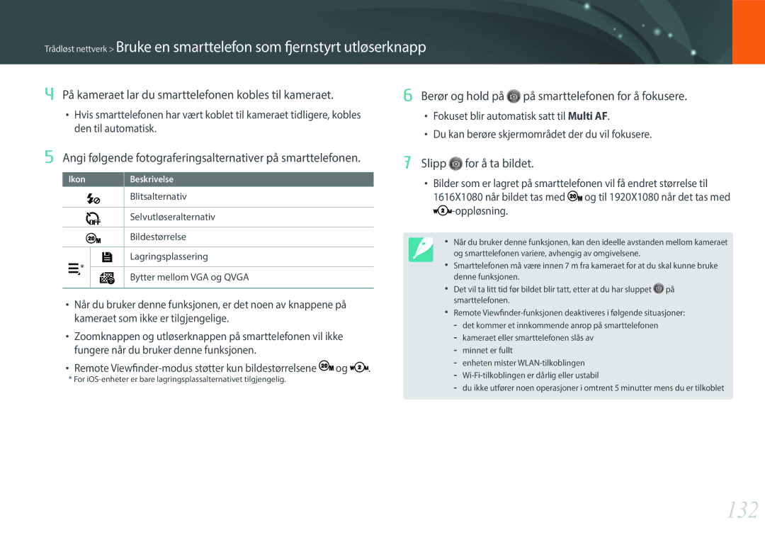 Samsung EV-NX2000BABDK manual 132, Angi følgende fotograferingsalternativer på smarttelefonen, Slipp for å ta bildet 