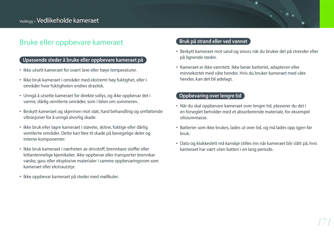 Samsung EV-NX2000BFWSE manual 171, Bruke eller oppbevare kameraet, Upassende steder å bruke eller oppbevare kameraet på 