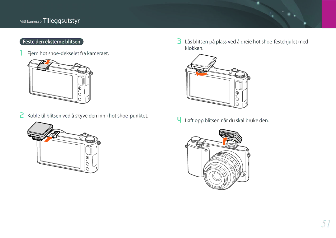 Samsung EV-NX2000BFWSE, EV-NX2000BJPDK, EV-NX2000BABDK, EV-NX2000BABSE manual Klokken, Løft opp blitsen når du skal bruke den 