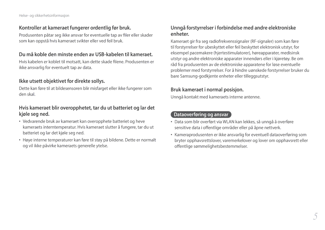 Samsung EV-NX2000BJPDK manual Kontroller at kameraet fungerer ordentlig før bruk, Ikke utsett objektivet for direkte sollys 