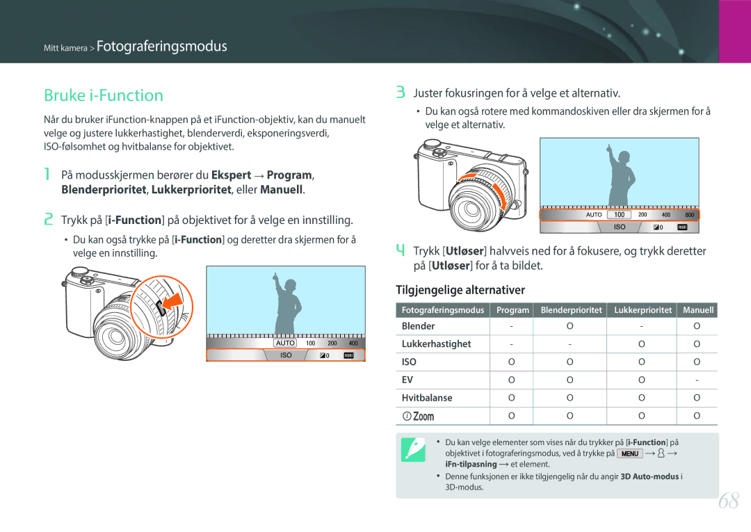 Samsung EV-NX2000BFWDK manual Bruke i-Function, Tilgjengelige alternativer, Juster fokusringen for å velge et alternativ 