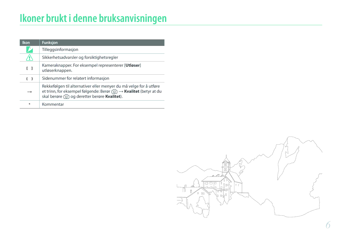 Samsung EV-NX2000BABDK, EV-NX2000BJPDK manual Ikoner brukt i denne bruksanvisningen, Tilleggsinformasjon, Utløserknappen 