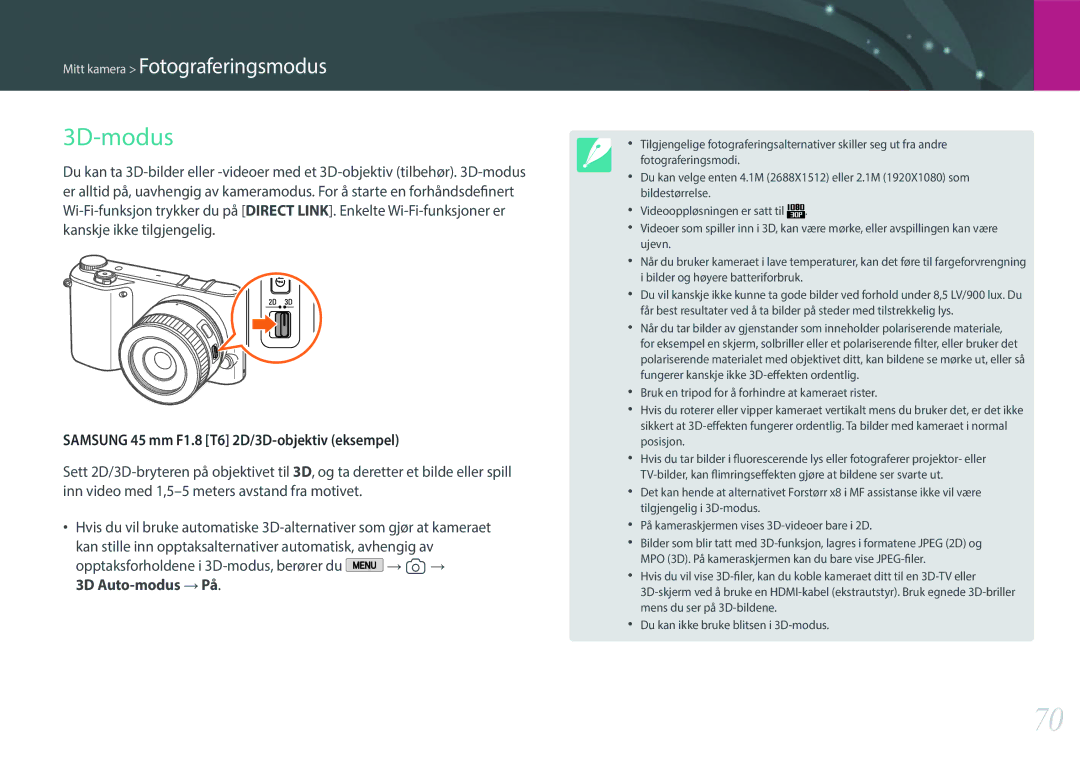 Samsung EV-NX2000BJPSE, EV-NX2000BJPDK, EV-NX2000BABDK manual 3D-modus, Samsung 45 mm F1.8 T6 2D/3D-objektiv eksempel 