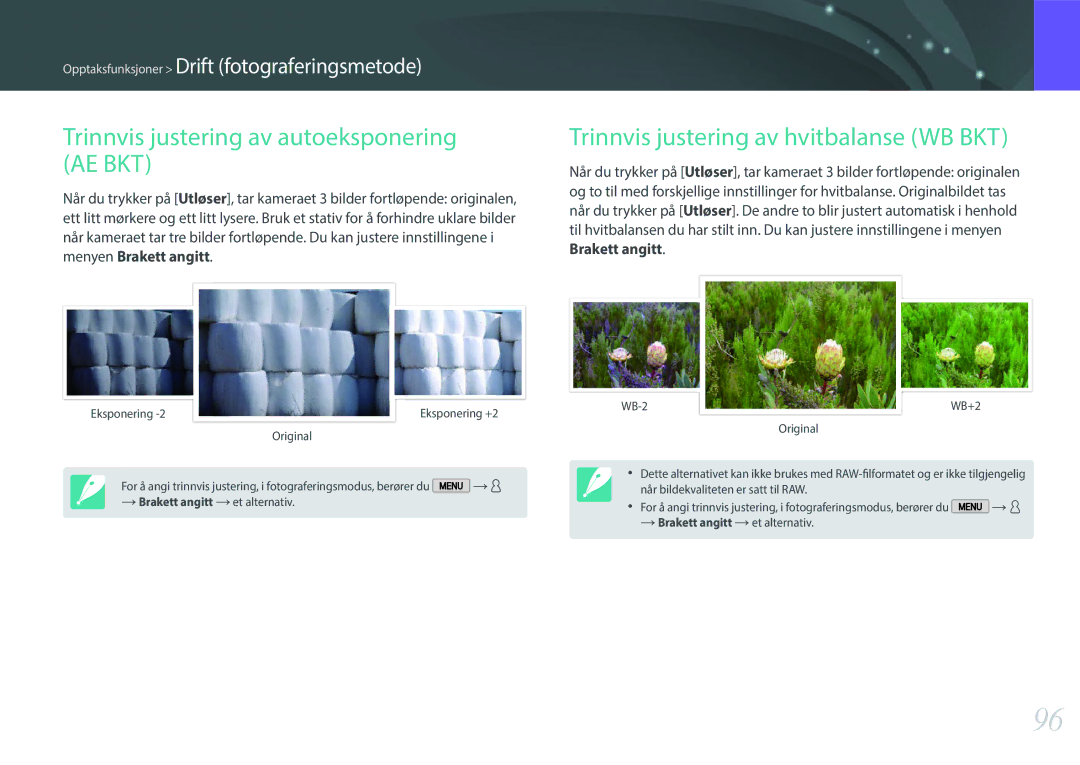 Samsung EV-NX2000BABDK manual Trinnvis justering av autoeksponering AE BKT, Trinnvis justering av hvitbalanse WB BKT 