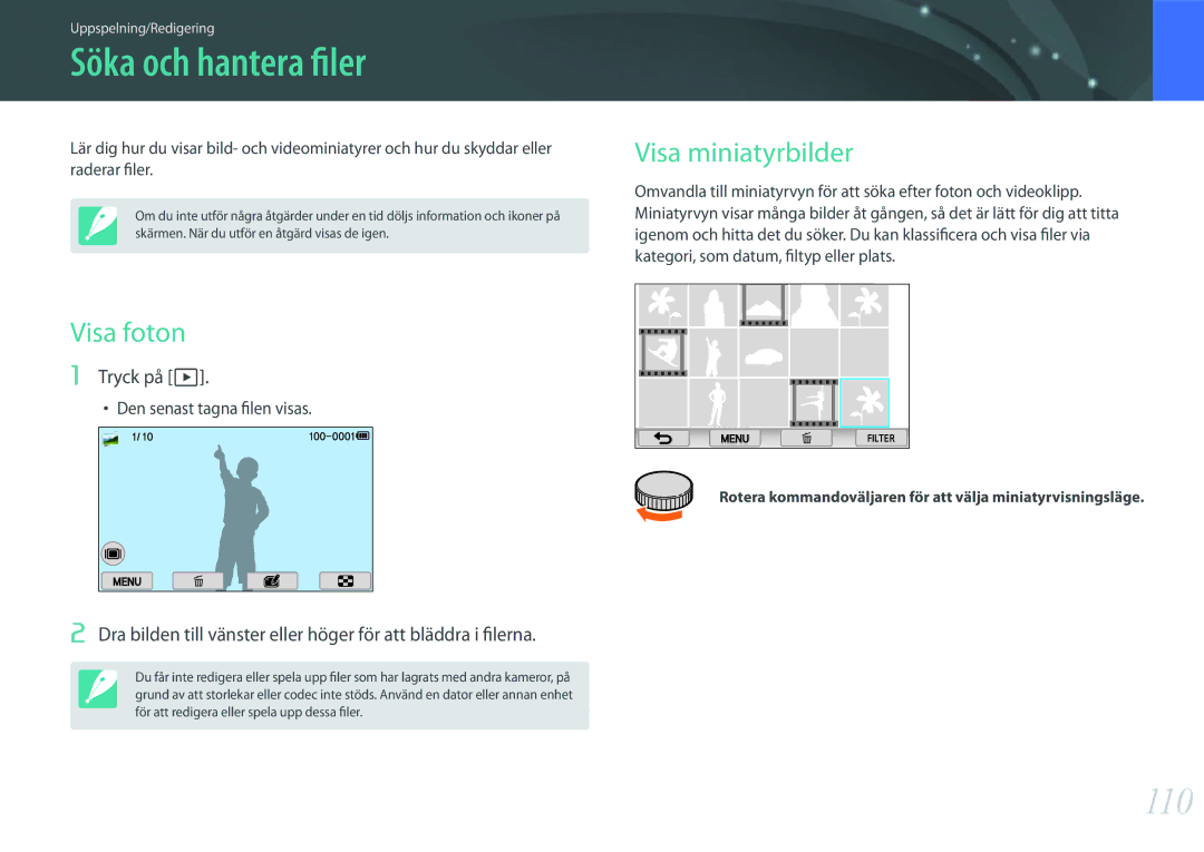 Samsung EV-NX2000BFWDK, EV-NX2000BJPDK manual Söka och hantera filer, 110, Visa miniatyrbilder, Visa foton, Tryck på z 