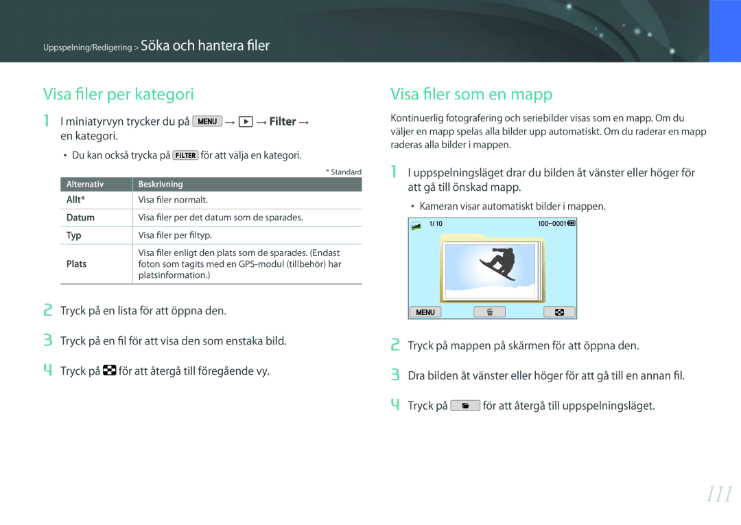 Samsung EV-NX2000BFWSE, EV-NX2000BJPDK, EV-NX2000BABDK, EV-NX2000BABSE 111, Visa filer per kategori, Visa filer som en mapp 