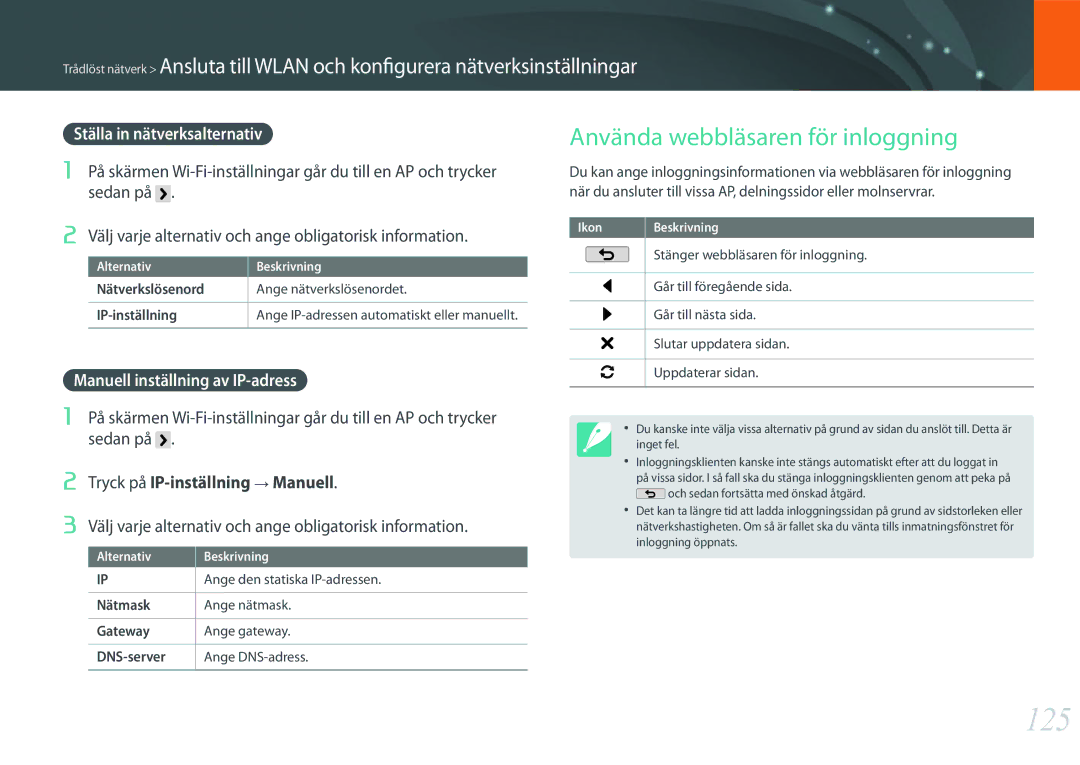 Samsung EV-NX2000BJPDK, EV-NX2000BABDK manual 125, Använda webbläsaren för inloggning, Ställa in nätverksalternativ 