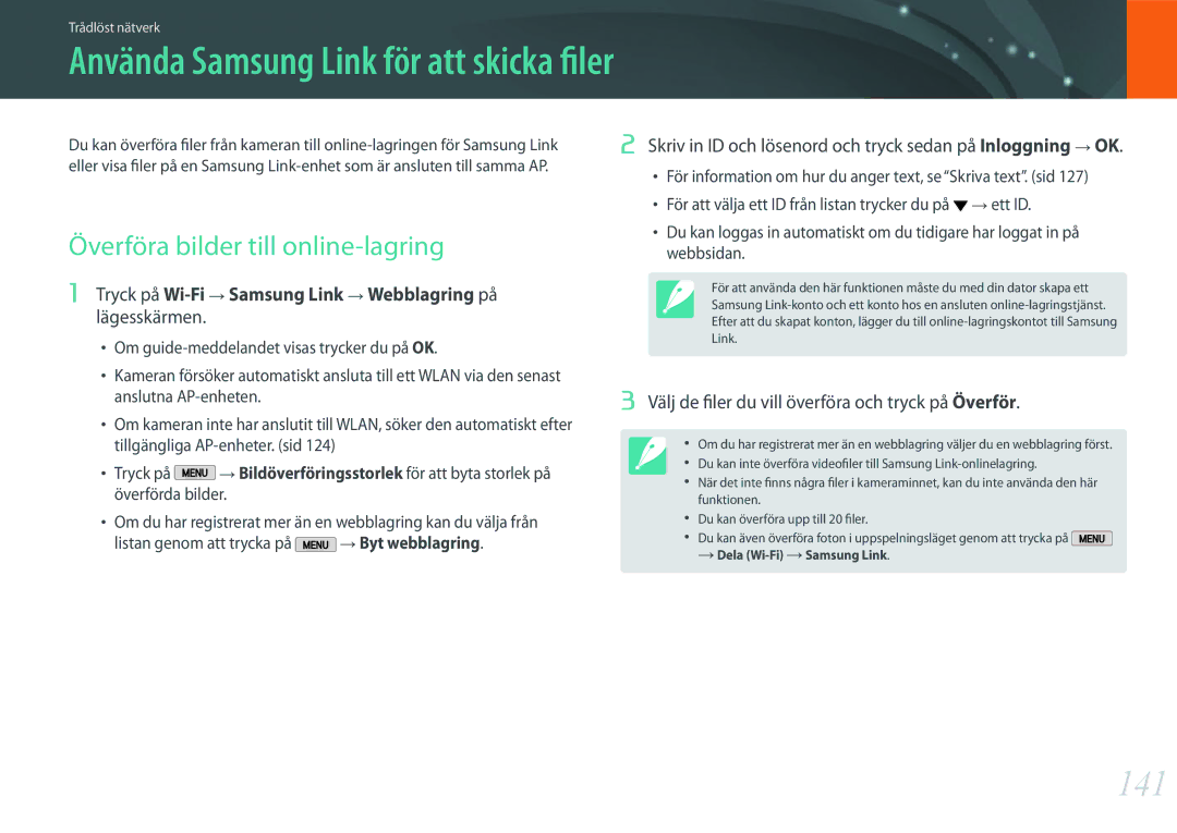 Samsung EV-NX2000BFWSE, EV-NX2000BJPDK Använda Samsung Link för att skicka filer, 141, Överföra bilder till online-lagring 