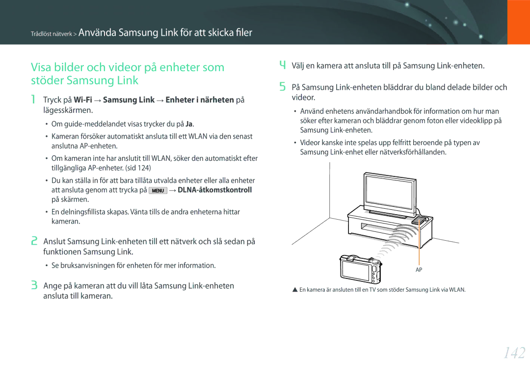 Samsung EV-NX2000BJPSE, EV-NX2000BJPDK, EV-NX2000BABDK manual 142, Visa bilder och videor på enheter som stöder Samsung Link 