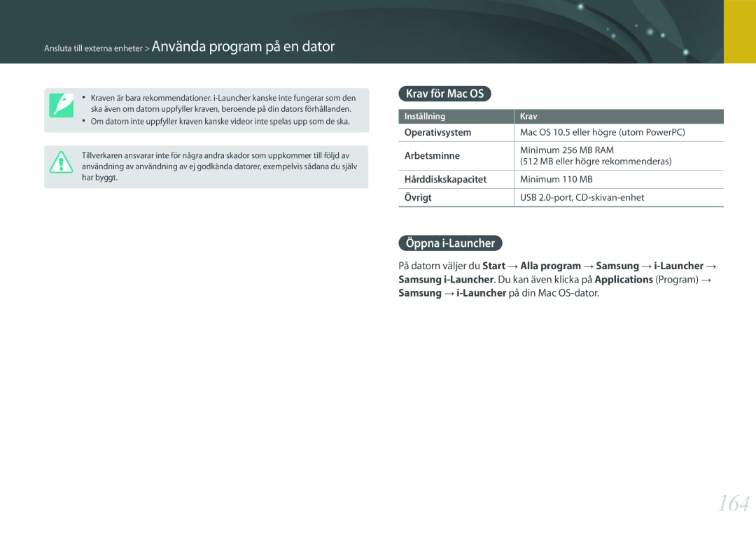 Samsung EV-NX2000BFWDK, EV-NX2000BJPDK, EV-NX2000BABDK manual 164, Krav för Mac OS, Öppna i-Launcher, Hårddiskskapacitet 