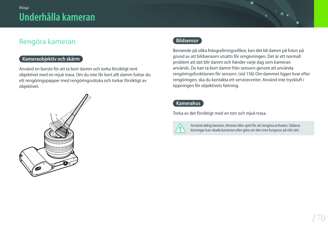 Samsung EV-NX2000BFWDK, EV-NX2000BJPDK, EV-NX2000BABDK, EV-NX2000BABSE manual Underhålla kameran, 170, Rengöra kameran 