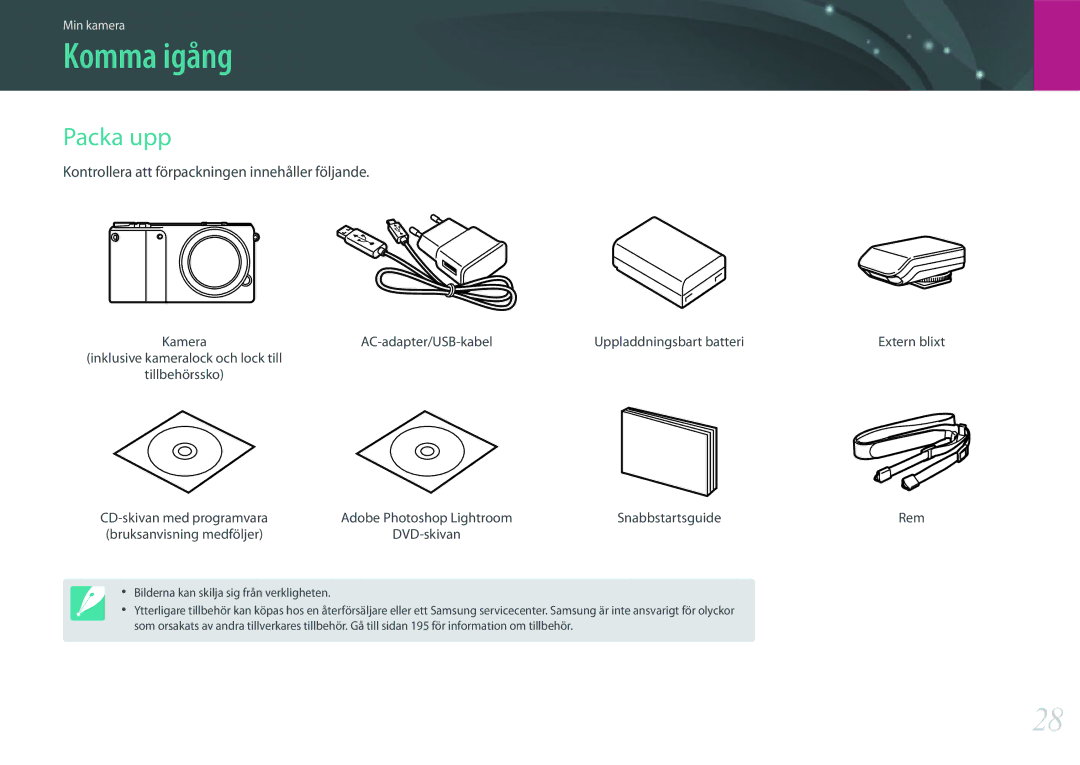 Samsung EV-NX2000BJPSE manual Komma igång, Packa upp, Kontrollera att förpackningen innehåller följande, Snabbstartsguide 